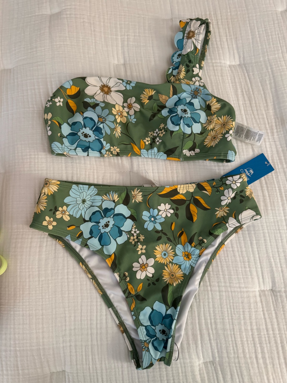 Cupshe Green Floral Two-Piece Swim Set with Blue and Yellow Flowers